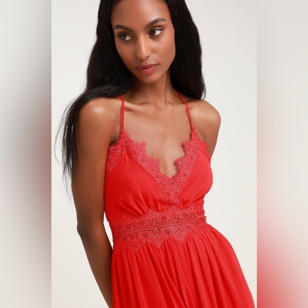 Lulus Sunny Day Dream Red Lace Culotte Jumpsuit Sz. Small - Picture 2 of 12
